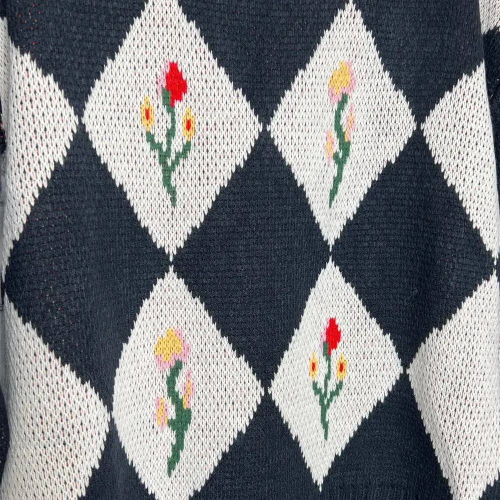 Klesis Argyle Floral Knit Sweater Navy White Diamond Pattern Pullover Small